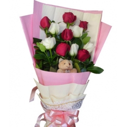 6 Red and 6 White Roses Bouquet with Bear
