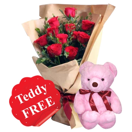 12 Red Roses with Free Teddy Bear